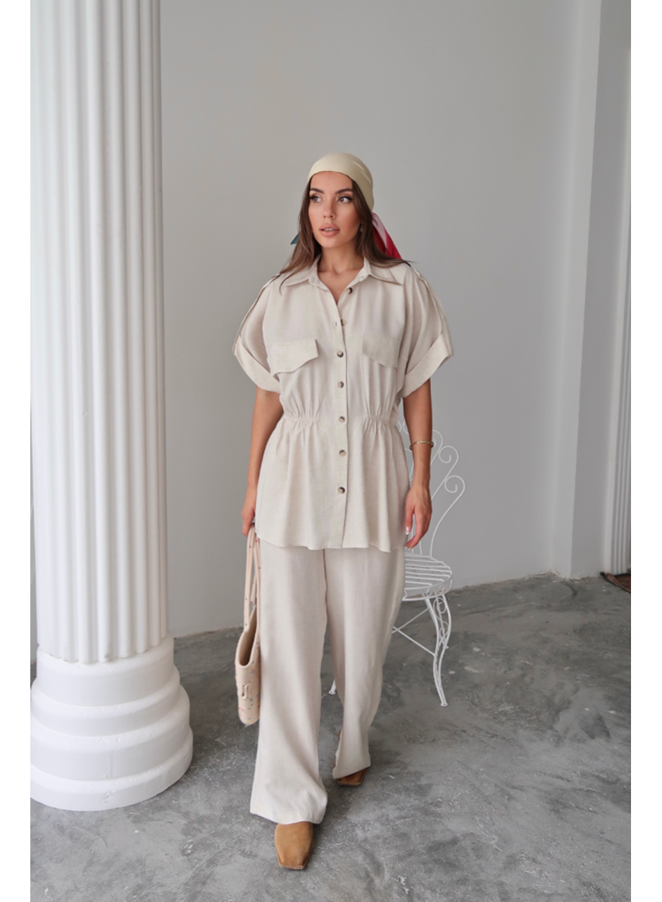 KETEN BELDEN BÜZGÜ DETAYLI GÖMLEK - PANTOLON TAKIM - Taş