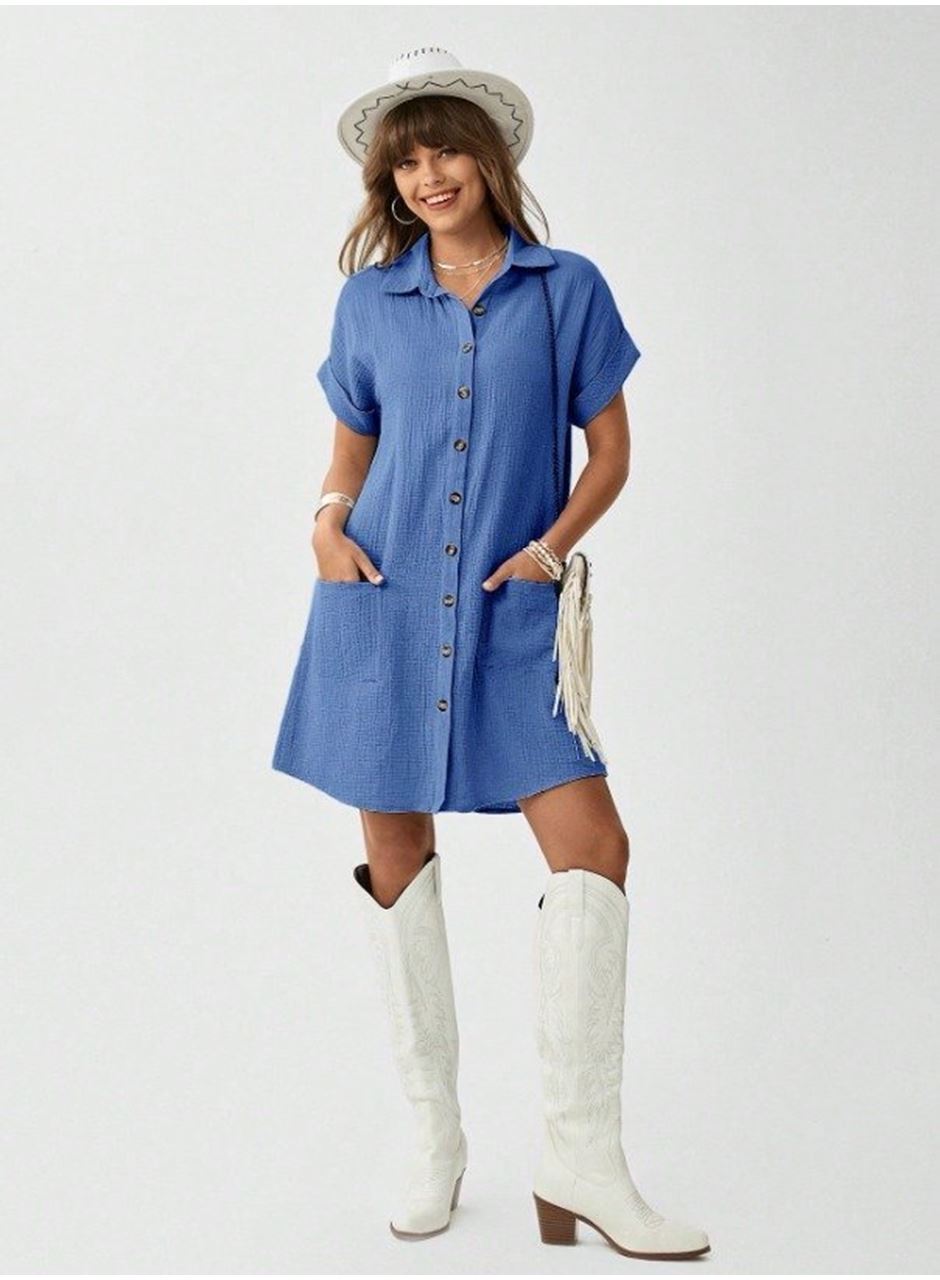 Kadın Cep Detay Müslin Kumaş Mini Gömlek Elbise
