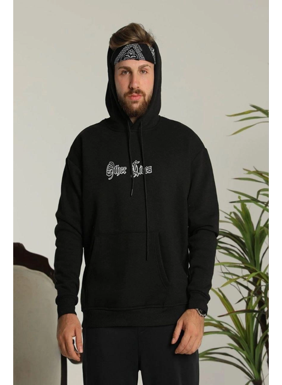 Erkek Kapşonlu Sweatshirt – Oversize Üç İplik Şardonlu Hoodie, “Other Lives” Ön - Arka Baskılı, Kanguru Cepli, Kışlık Rahat Günlük Stil - Siyah