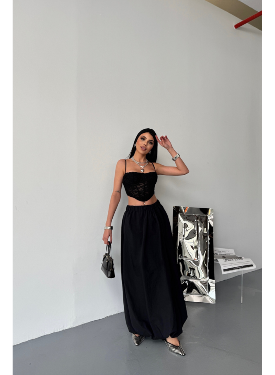 BEL LASTİKLİ BALON ETEK ŞANEL BOY SOFT KUMAŞ - Siyah