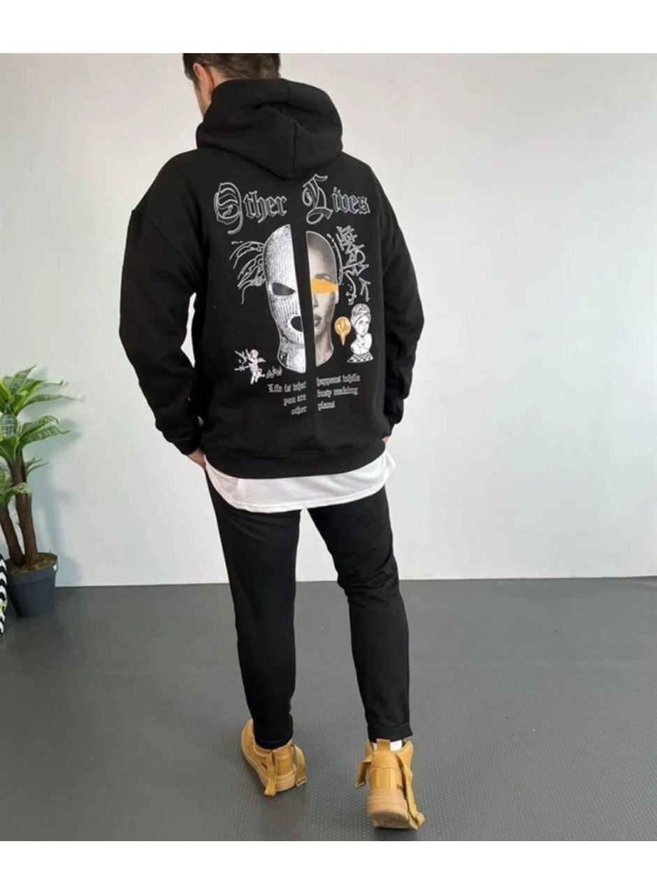 Erkek Kapşonlu Sweatshirt – Oversize Üç İplik Şardonlu Hoodie, “Other Lives” Ön - Arka Baskılı, Kanguru Cepli, Kışlık Rahat Günlük Stil - Siyah