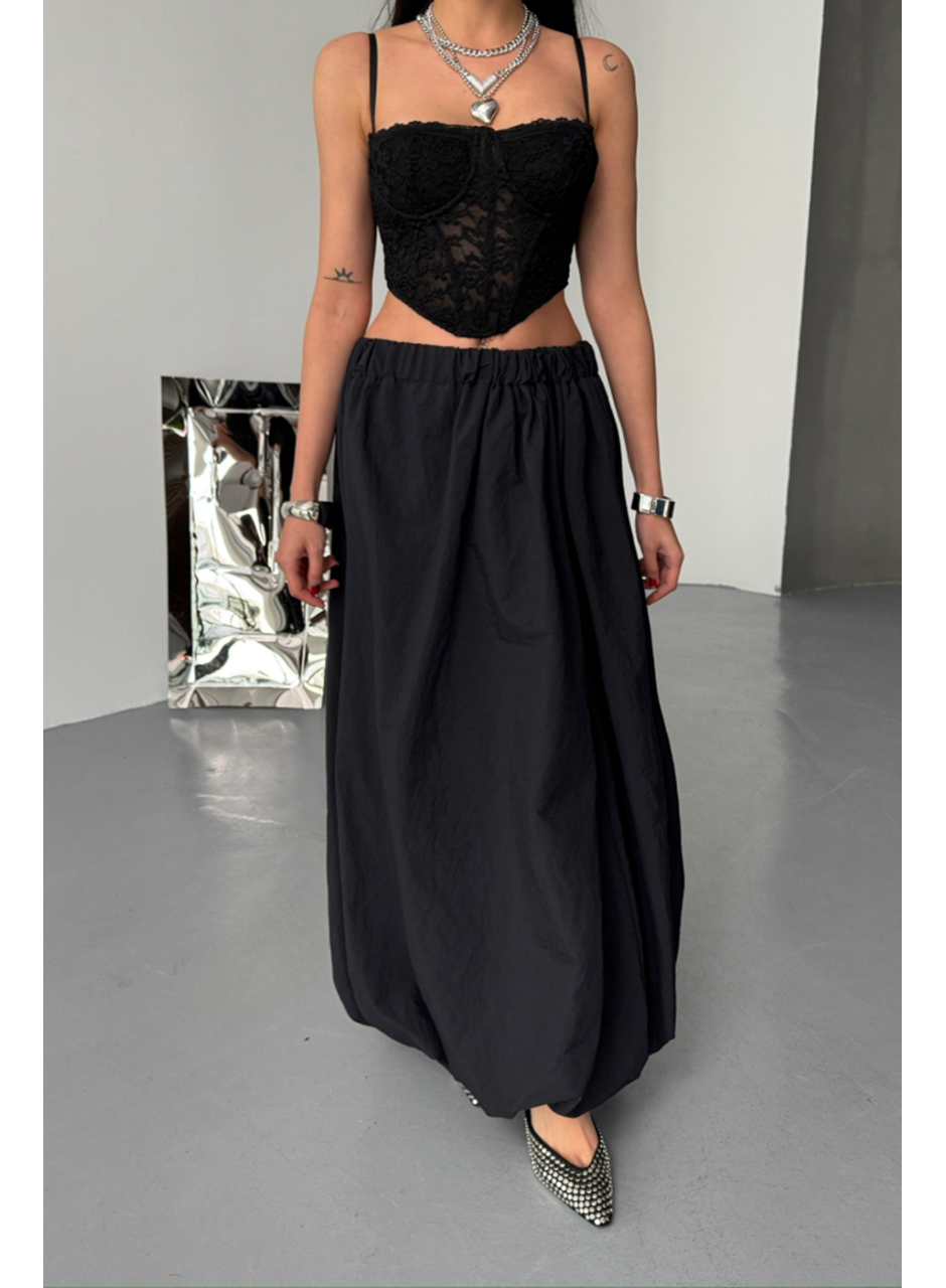 BEL LASTİKLİ BALON ETEK ŞANEL BOY SOFT KUMAŞ - Siyah