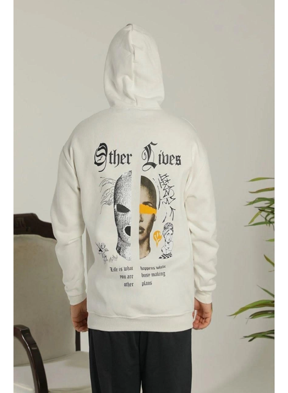 Oversize Üç İplik Şardonlu Kapüşonlu Sweatshirt – Beyaz “Other Lives” Ön Ve Arka Baskılı, Kanguru Cepli, Ribanalı Rahat Kışlık Model Beyaz