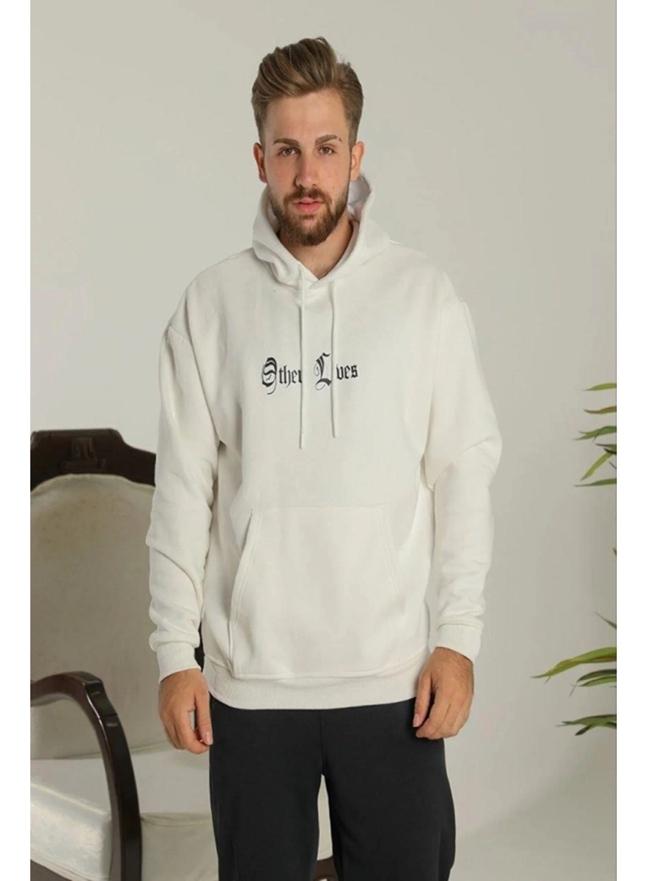 Oversize Üç İplik Şardonlu Kapüşonlu Sweatshirt – Beyaz “Other Lives” Ön Ve Arka Baskılı, Kanguru Cepli, Ribanalı Rahat Kışlık Model Beyaz