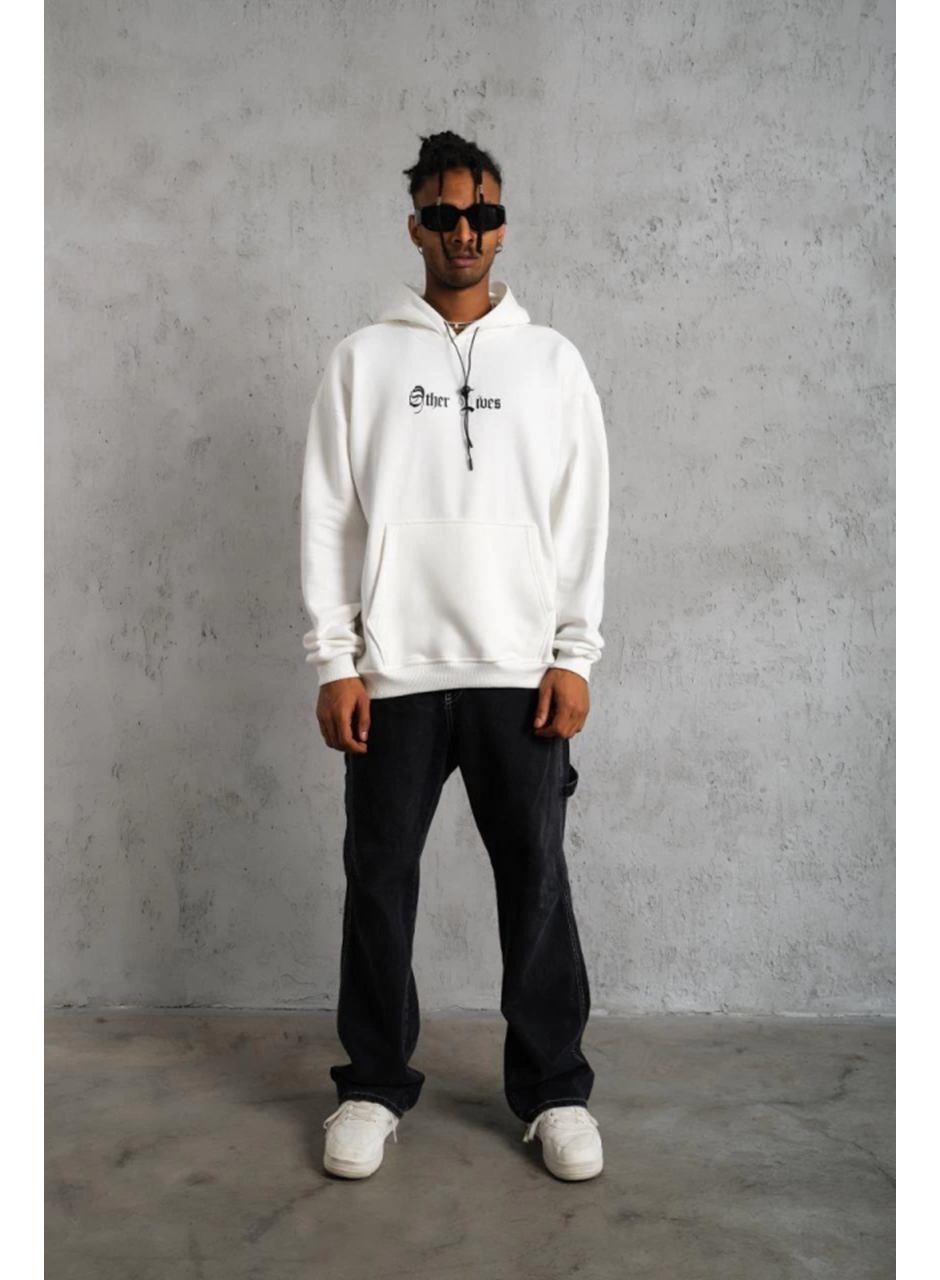 Oversize Üç İplik Şardonlu Kapüşonlu Sweatshirt – Beyaz “Other Lives” Ön Ve Arka Baskılı, Kanguru Cepli, Ribanalı Rahat Kışlık Model Beyaz