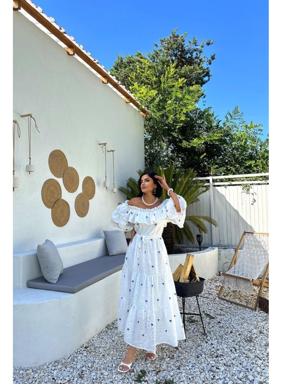 Lila Omuzları Lastikli Brode Elbise