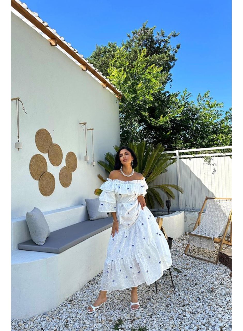 Lila Omuzları Lastikli Brode Elbise