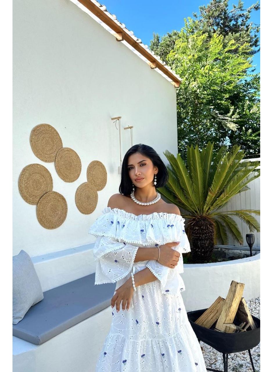 Lila Omuzları Lastikli Brode Elbise