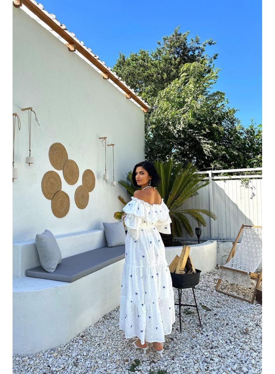 Lila Omuzları Lastikli Brode Elbise