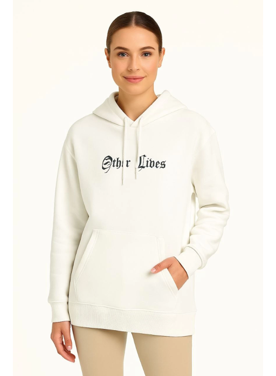 Oversize Üç İplik Şardonlu Kapüşonlu Sweatshirt – Beyaz “Other Lives” Ön Ve Arka Baskılı, Kanguru Cepli, Ribanalı Rahat Kışlık Model Beyaz