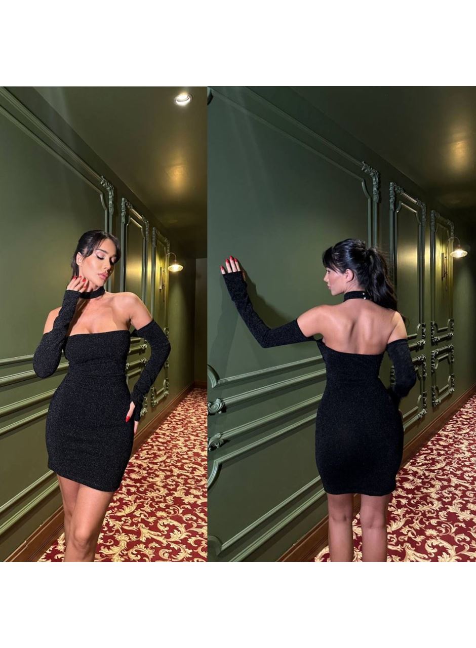 Kadın Madonna Yaka Simli Flower Kumaş Mini Elbise