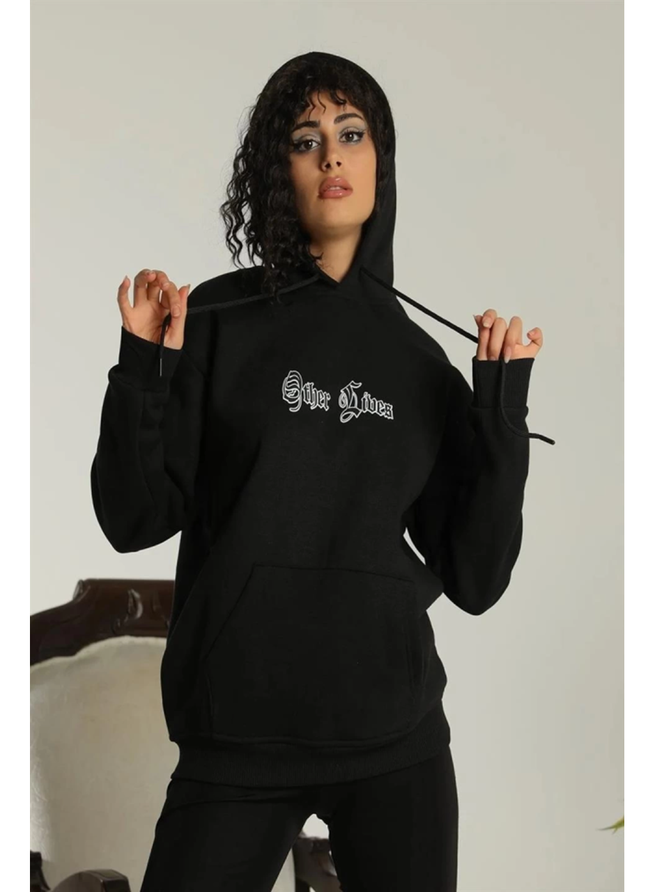 Oversize Üç İplik Kapüşonlu Sweatshirt – Siyah “Other Lives” Ön Ve Arka Baskılı, Şardonlu Kışlık, Rahat Günlük Model Siiyah