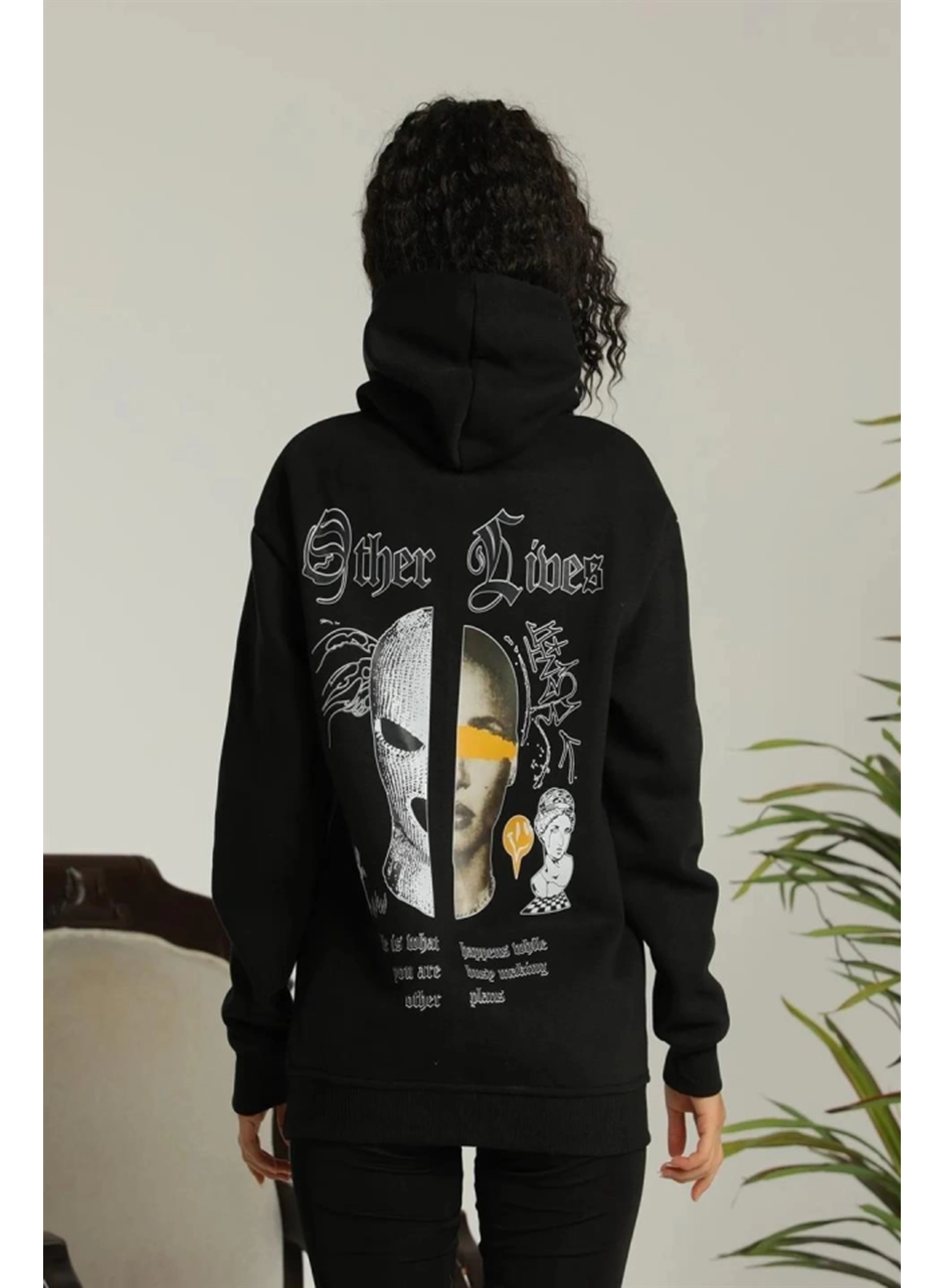Oversize Üç İplik Kapüşonlu Sweatshirt – Siyah “Other Lives” Ön Ve Arka Baskılı, Şardonlu Kışlık, Rahat Günlük Model Siiyah