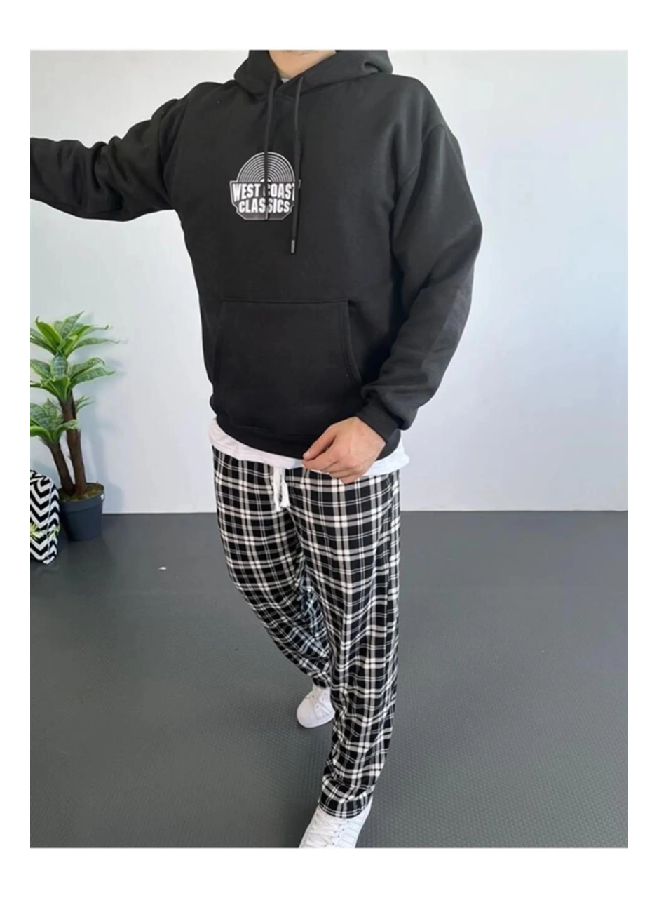 Erkek Oversize Üç İplik Kapüşonlu Sweatshirt – Siyah Sırt Ve Ön Baskılı, Kanguru Cepli, Rahat Kalıp, İçi Pamuklu ModeL-Siyah