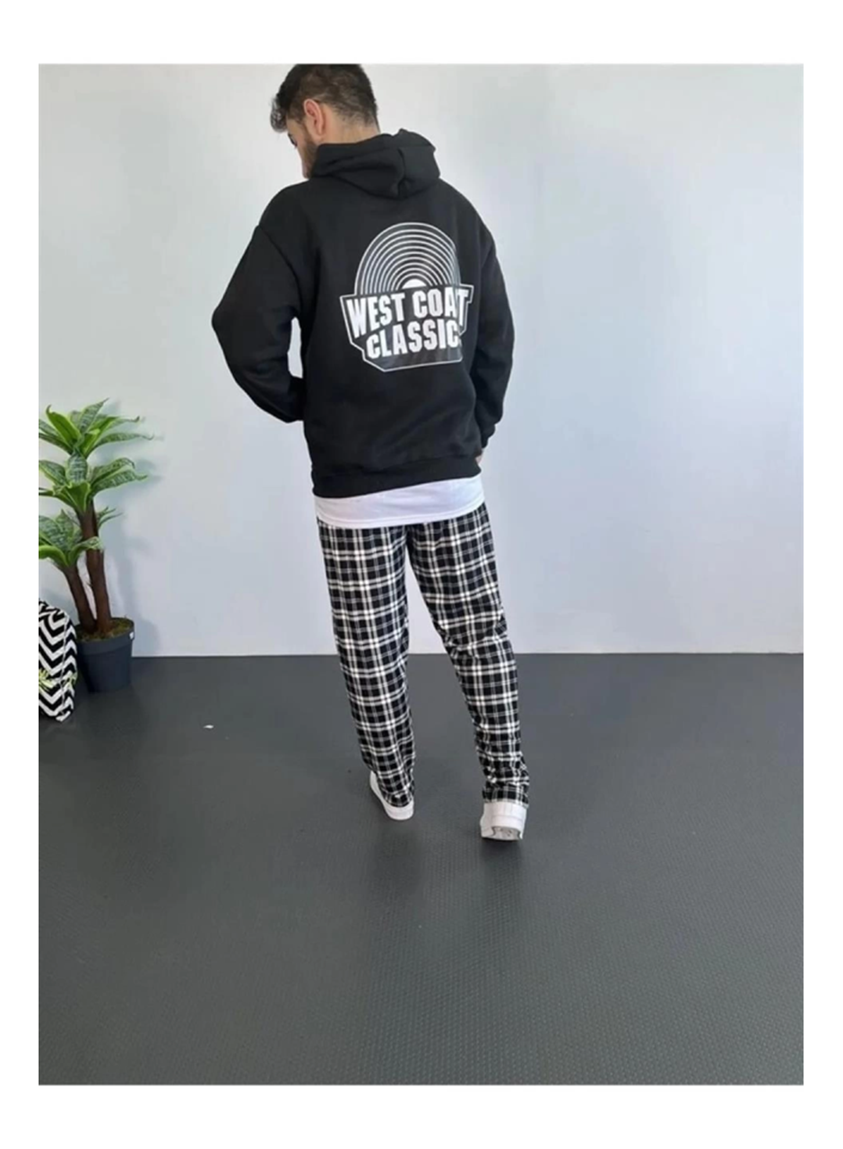 Erkek Oversize Üç İplik Kapüşonlu Sweatshirt – Siyah Sırt Ve Ön Baskılı, Kanguru Cepli, Rahat Kalıp, İçi Pamuklu ModeL-Siyah