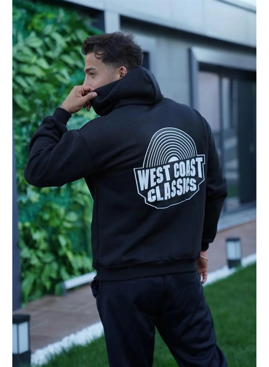 Erkek Oversize Üç İplik Kapüşonlu Sweatshirt – Siyah Sırt Ve Ön Baskılı, Kanguru Cepli, Rahat Kalıp, İçi Pamuklu ModeL-Siyah