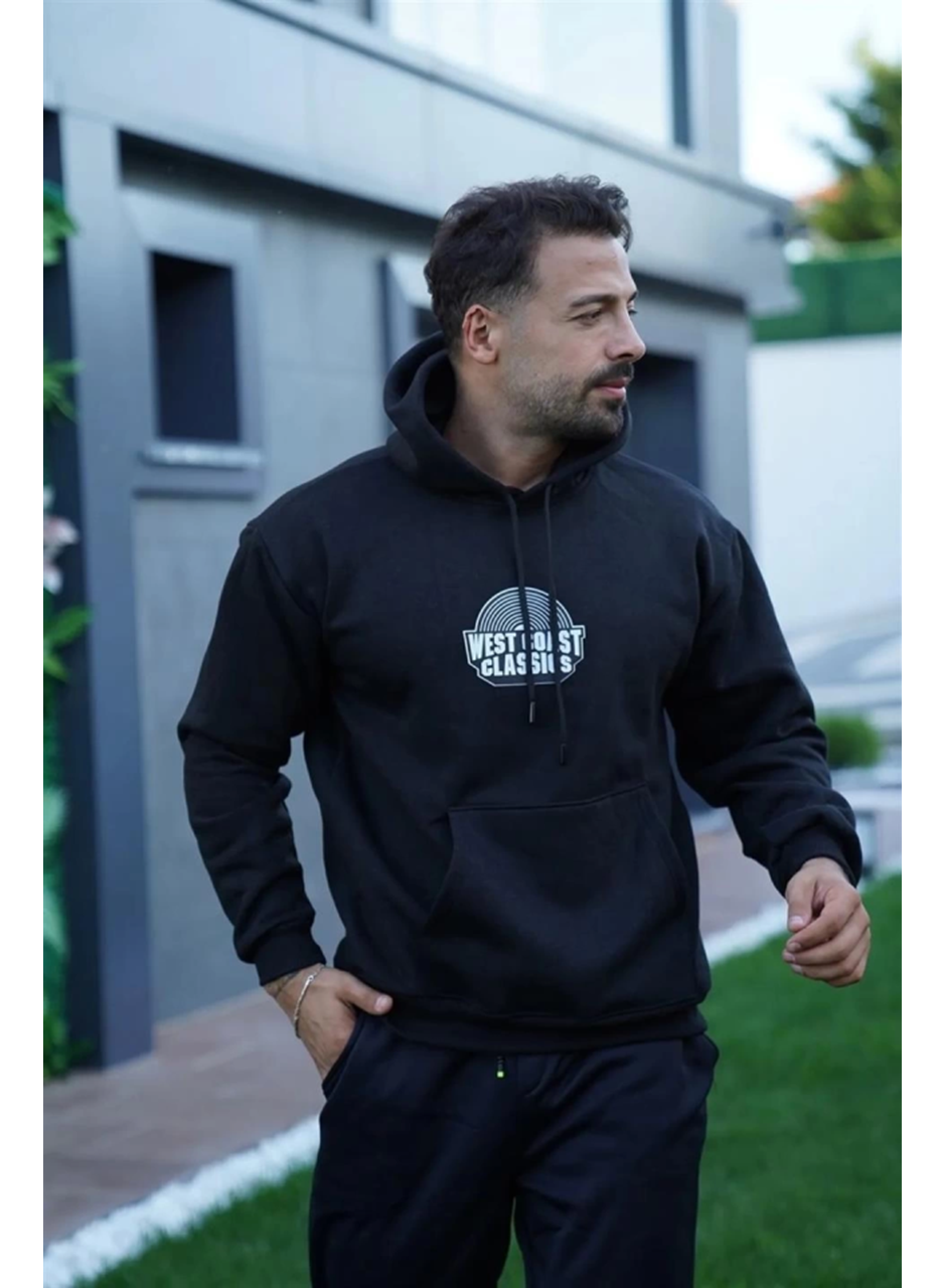 Erkek Oversize Üç İplik Kapüşonlu Sweatshirt – Siyah Sırt Ve Ön Baskılı, Kanguru Cepli, Rahat Kalıp, İçi Pamuklu ModeL-Siyah