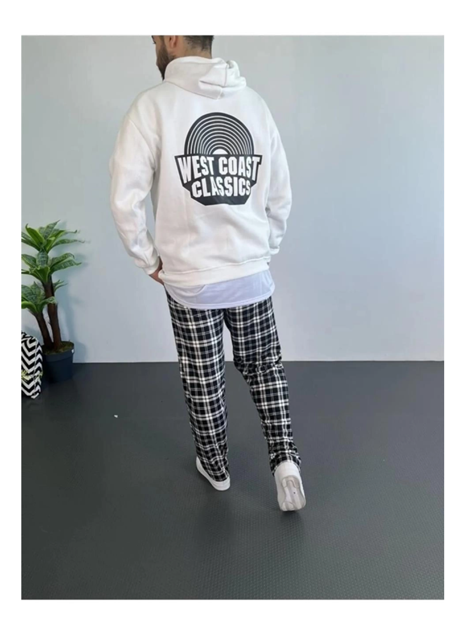 Erkek Oversize Üç İplik Kapüşonlu Sweatshirt – Beyaz Ön Baskılı, Kanguru Cepli, Rahat Kalıp, İçi Pamuklu Model