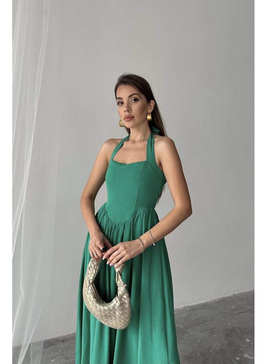 Yeşil Boyundan Bağlamalı Keten Elbise