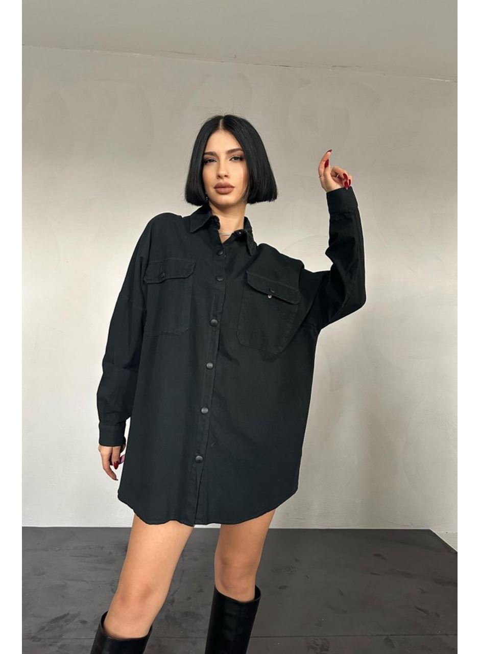 Siyah Çift Cep Kapaklı Çıtçıtlı Gömlek