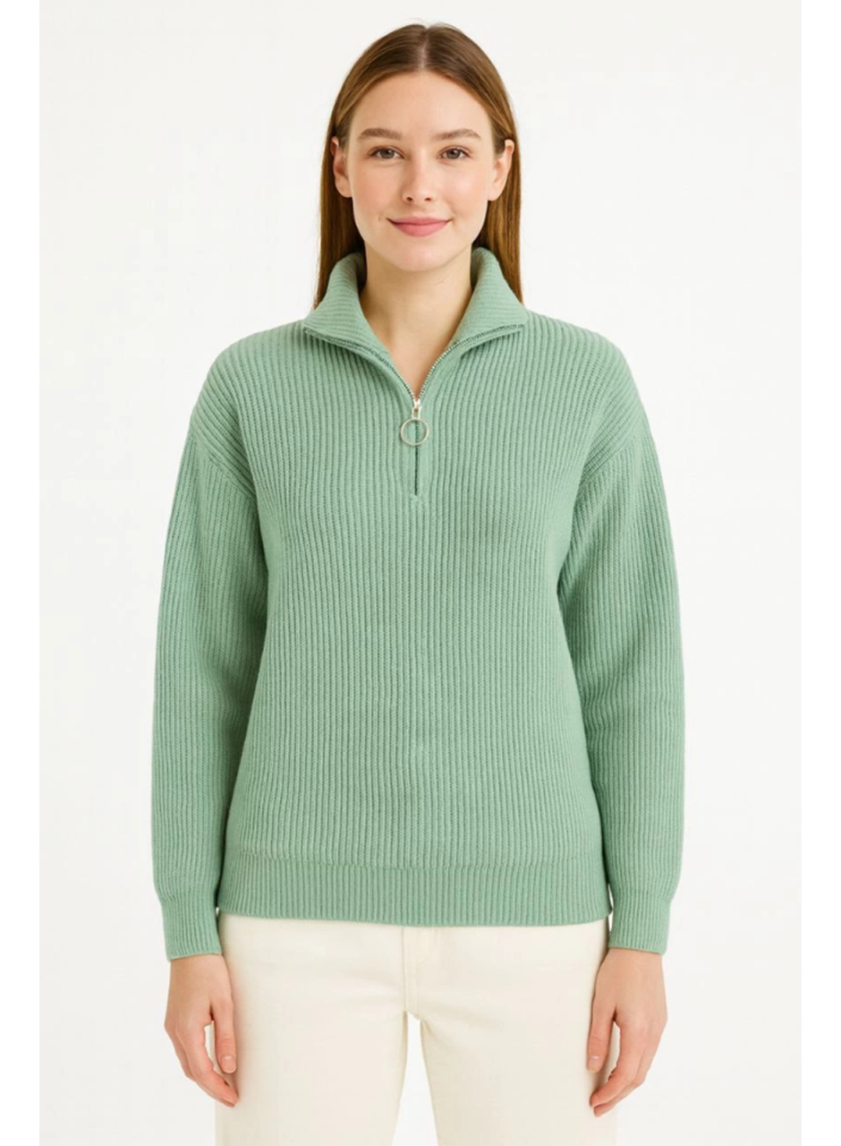 KADIN Yarım Fermuarlı Triko Kazak – Selanik Örgü, Dik Yaka, Pamuklu Dokuma, Oversize Uzun Kollu Kışlık Model - Mint Yeşili