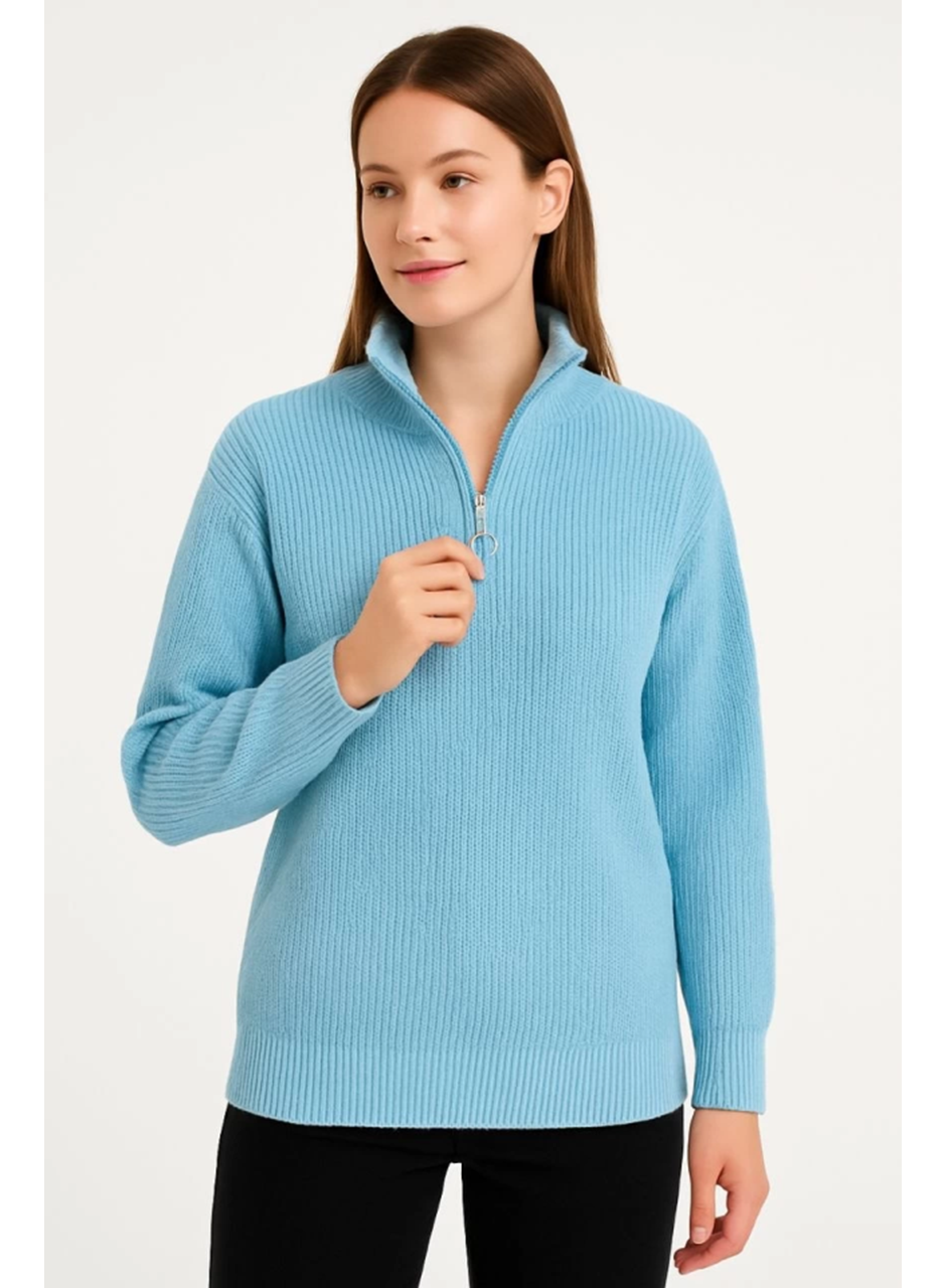 KADIN Yarım Fermuarlı Triko Kazak – Selanik Örgü, Dik Yaka, Pamuklu Dokuma, Oversize Uzun Kollu Kışlık Model - Bebe Mavisi