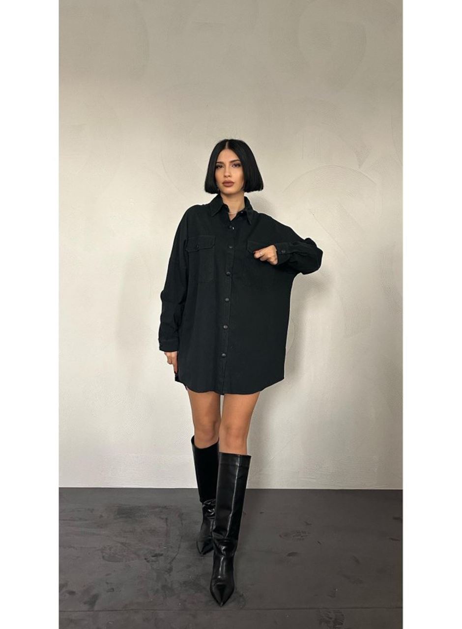 Siyah Çift Cep Kapaklı Çıtçıtlı Gömlek