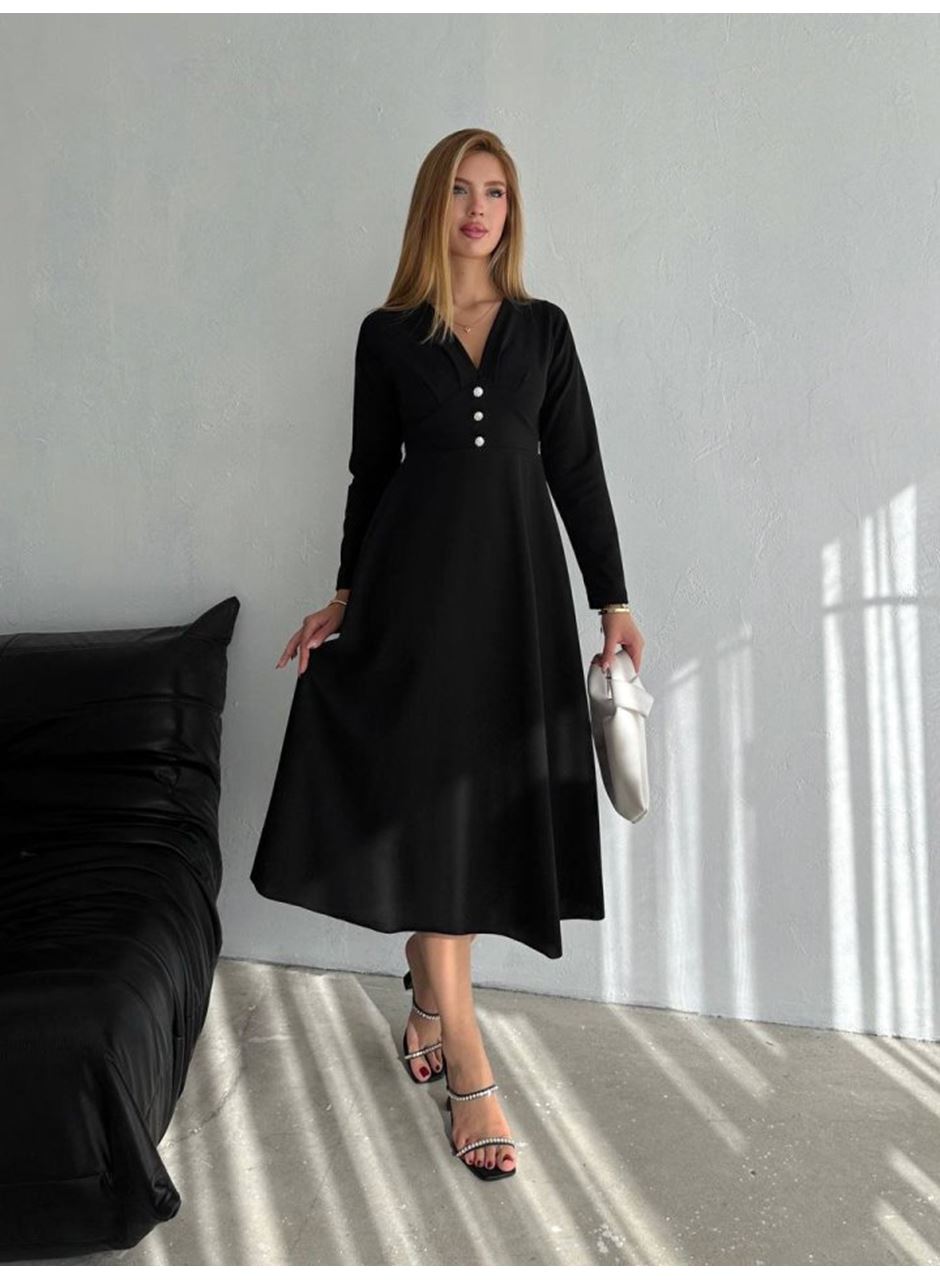 Kadın Krep Kumaş Düğme Detaylı V Yaka Uzun Kollu Midi Boy Elbise