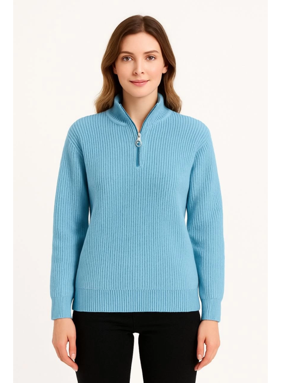 KADIN Yarım Fermuarlı Triko Kazak – Selanik Örgü, Dik Yaka, Pamuklu Dokuma, Oversize Uzun Kollu Kışlık Model - Bebe Mavisi