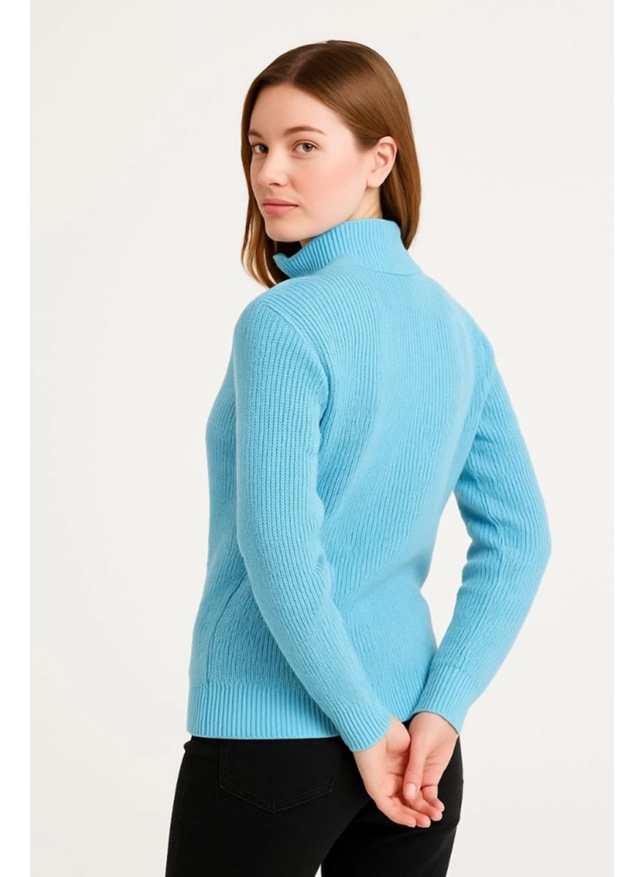 KADIN Yarım Fermuarlı Triko Kazak – Selanik Örgü, Dik Yaka, Pamuklu Dokuma, Oversize Uzun Kollu Kışlık Model - Bebe Mavisi