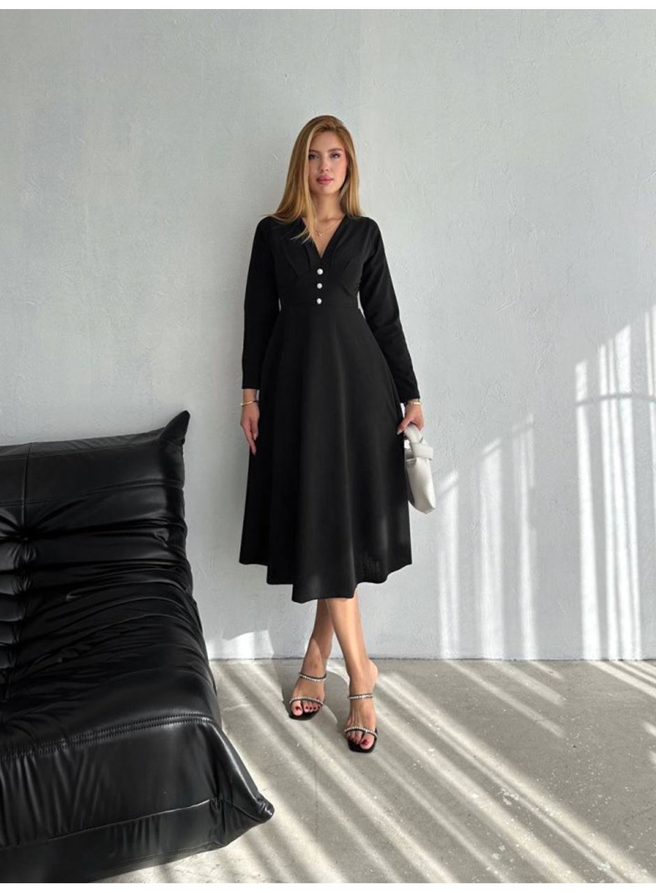 Kadın Krep Kumaş Düğme Detaylı V Yaka Uzun Kollu Midi Boy Elbise