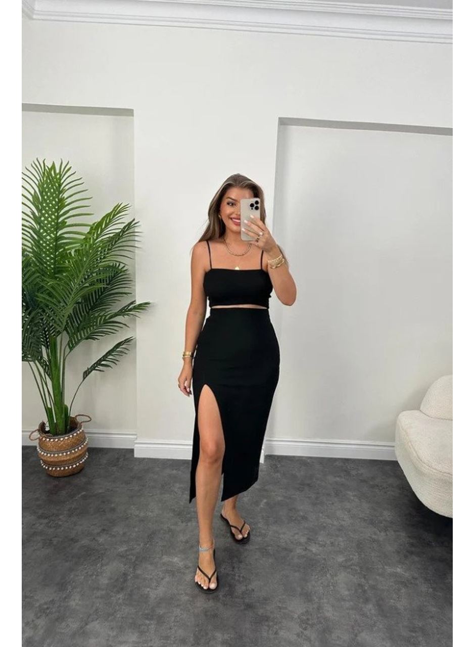 Kadın Ottoman Kumaş Likralı Midi Boy Kalem Etek Siyah