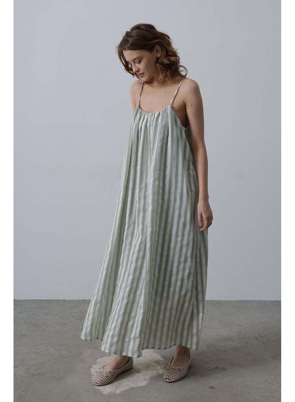 Askılı Çizgi Desen Elbise - Haki