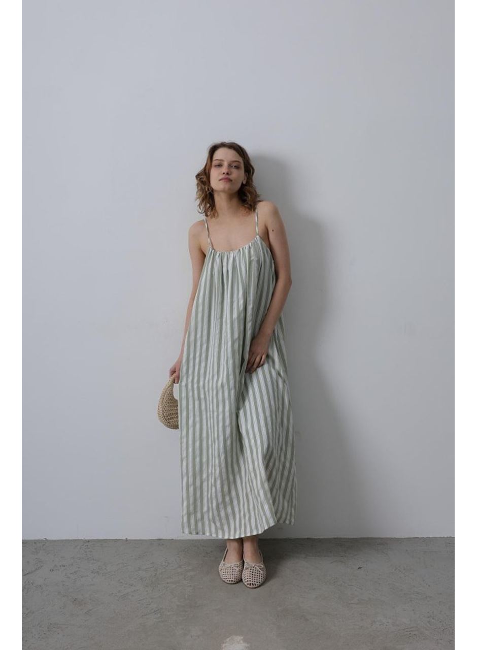 Askılı Çizgi Desen Elbise - Haki