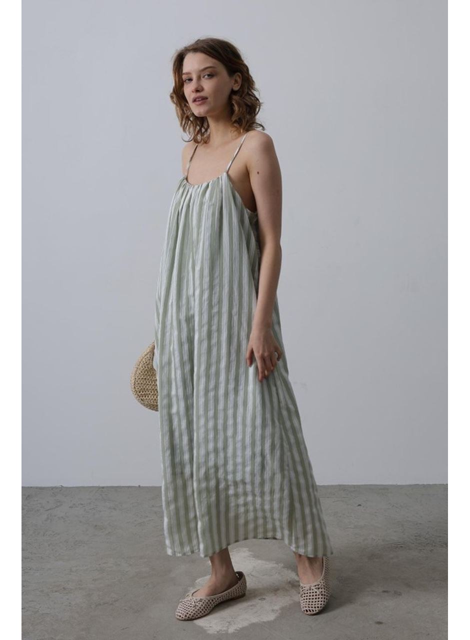 Askılı Çizgi Desen Elbise - Haki