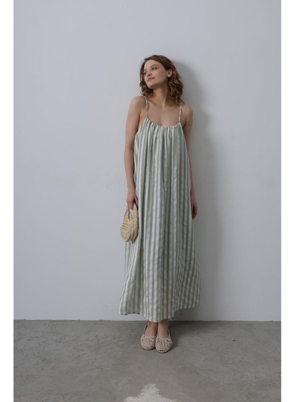 Askılı Çizgi Desen Elbise - Haki