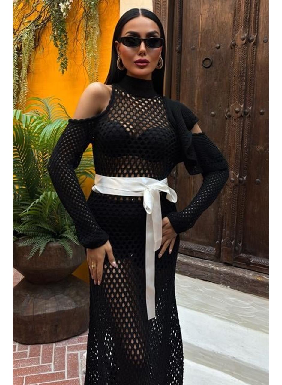 Saten Kuşaklı Ajurlu Triko Elbise 2847