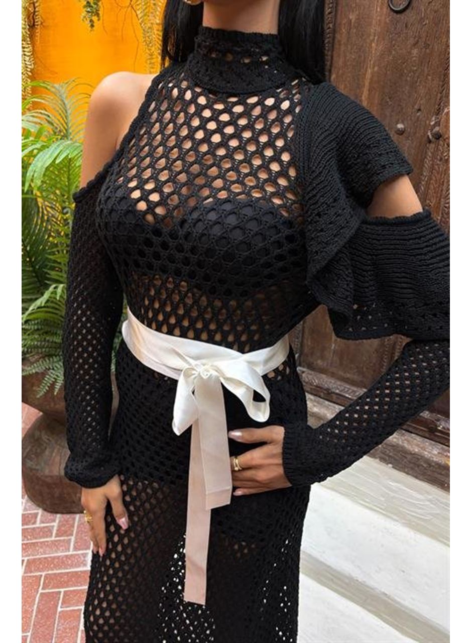 Saten Kuşaklı Ajurlu Triko Elbise 2847