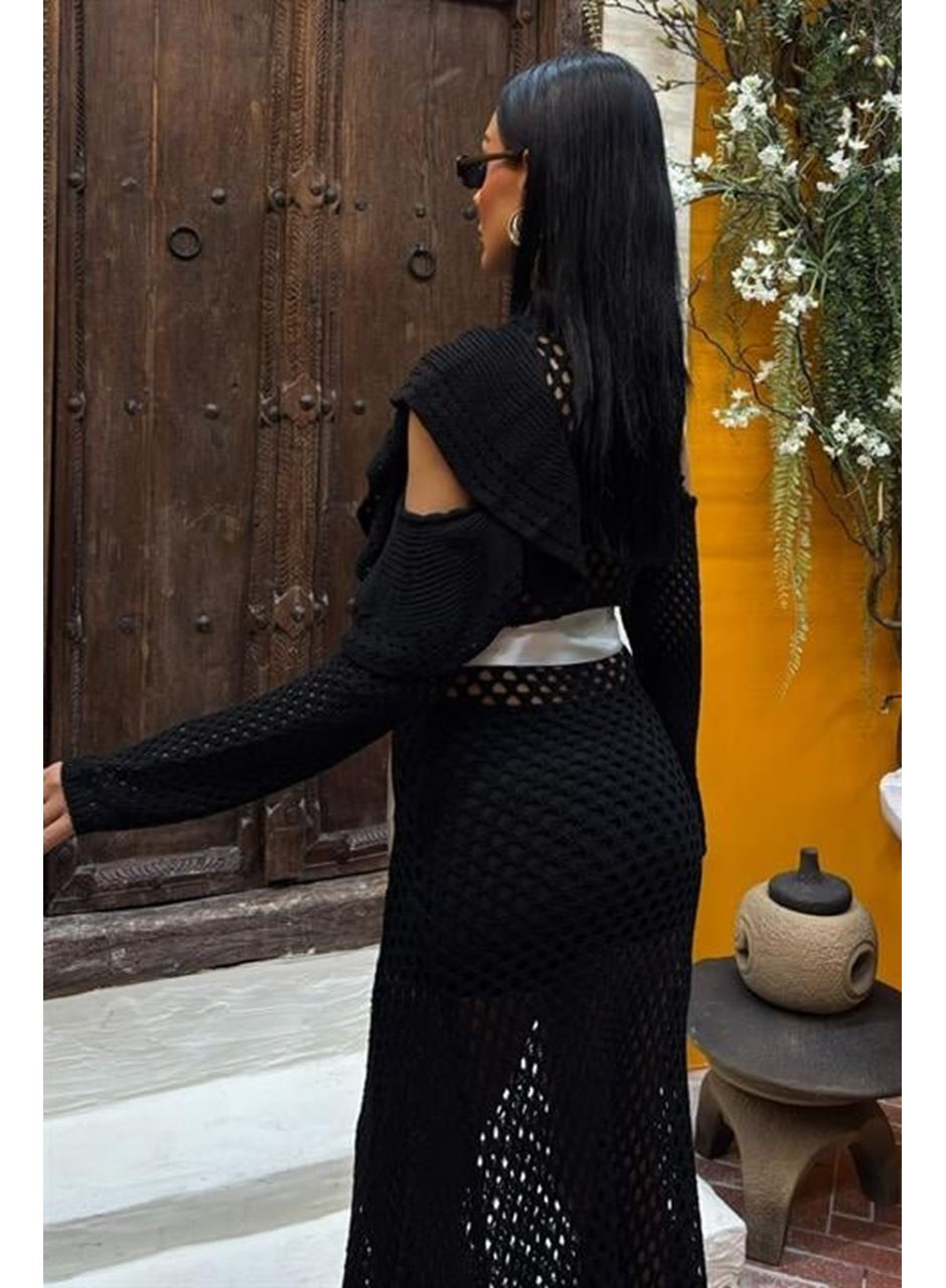 Saten Kuşaklı Ajurlu Triko Elbise 2847