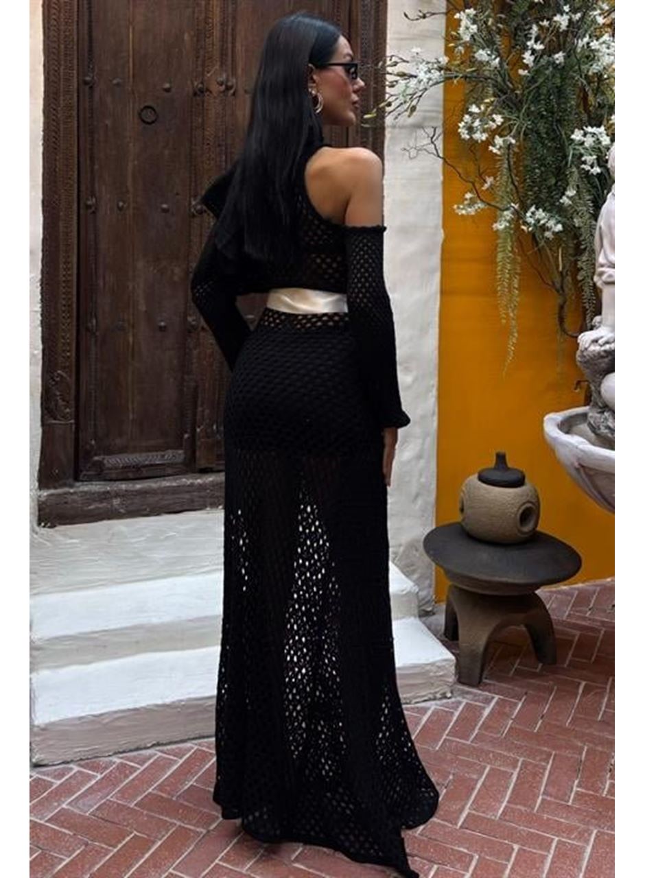 Saten Kuşaklı Ajurlu Triko Elbise 2847