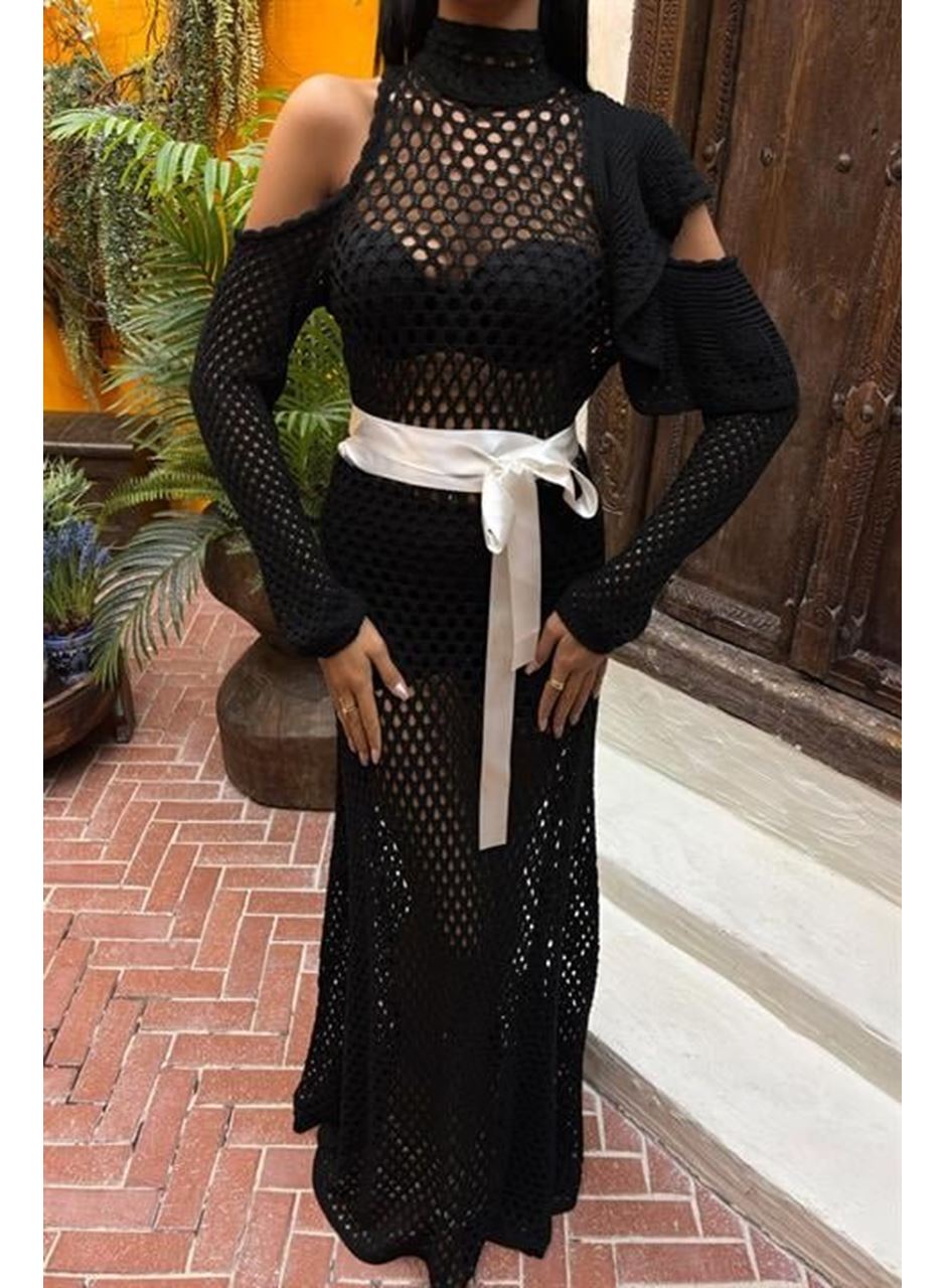 Saten Kuşaklı Ajurlu Triko Elbise 2847