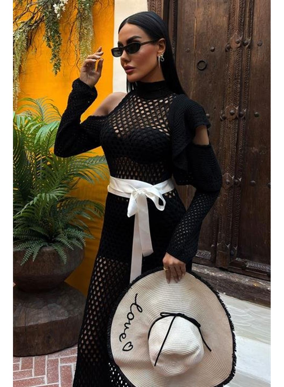 Saten Kuşaklı Ajurlu Triko Elbise 2847