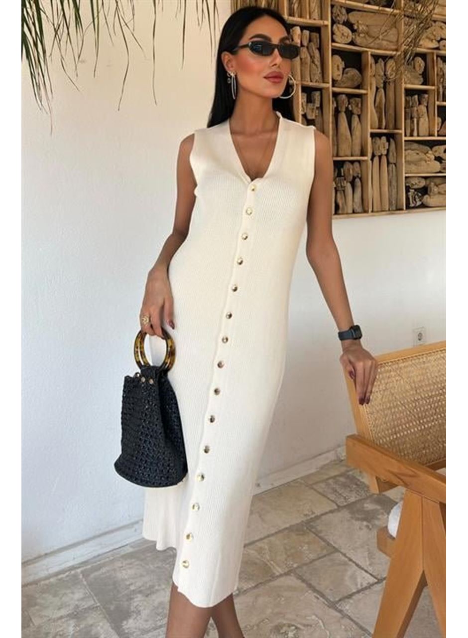 Önü Düğmeli Fitilli Kolsuz Elbise 2832