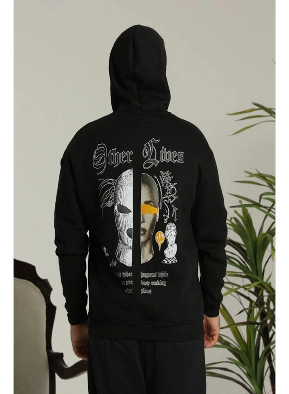 Erkek Kapşonlu Sweatshirt – Oversize Üç İplik Şardonlu Hoodie, “Other Lives” Ön - Arka Baskılı, Kanguru Cepli, Kışlık Rahat Günlük Stil - Siyah