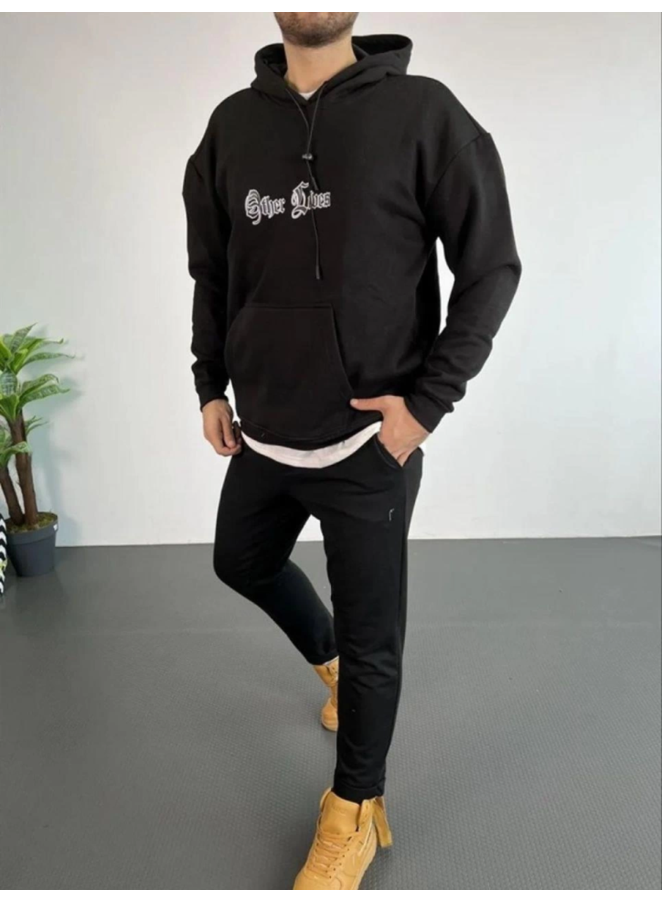 Erkek Kapşonlu Sweatshirt – Oversize Üç İplik Şardonlu Hoodie, “Other Lives” Ön - Arka Baskılı, Kanguru Cepli, Kışlık Rahat Günlük Stil - Siyah