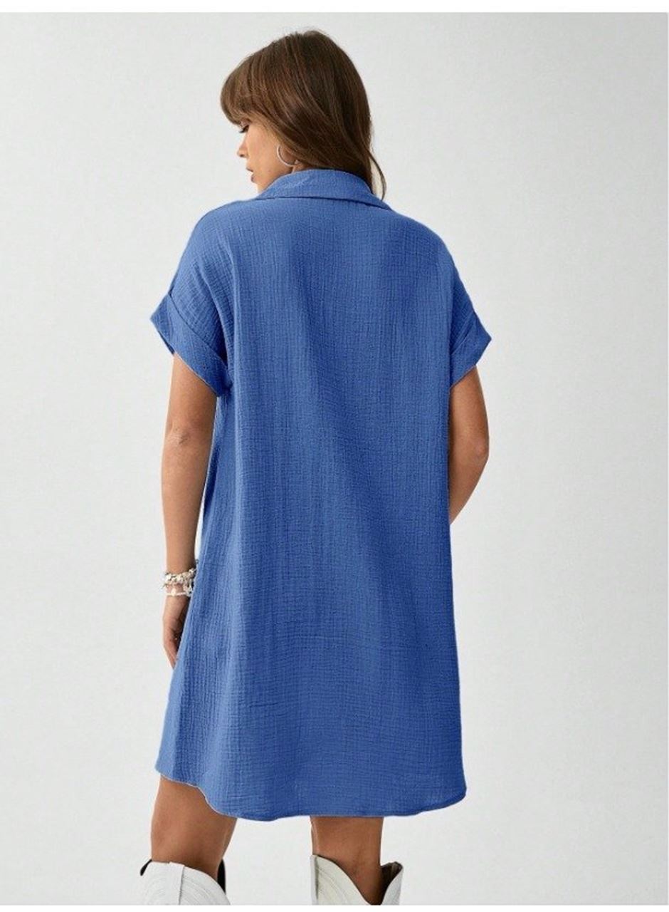 Kadın Cep Detay Müslin Kumaş Mini Gömlek Elbise