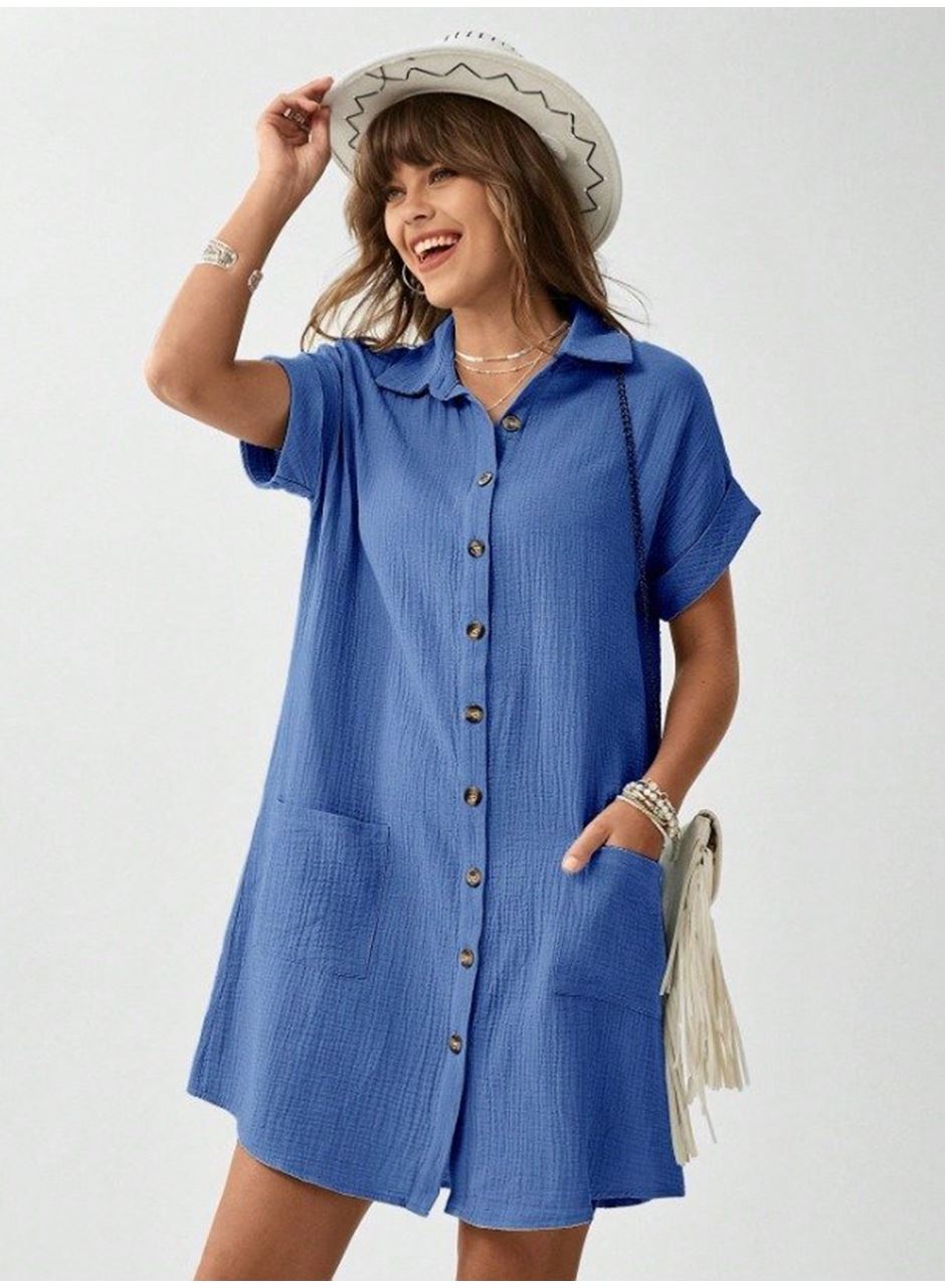Kadın Cep Detay Müslin Kumaş Mini Gömlek Elbise