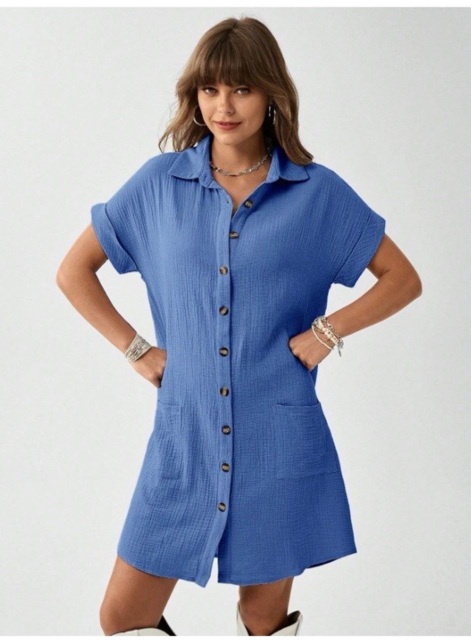 Kadın Cep Detay Müslin Kumaş Mini Gömlek Elbise