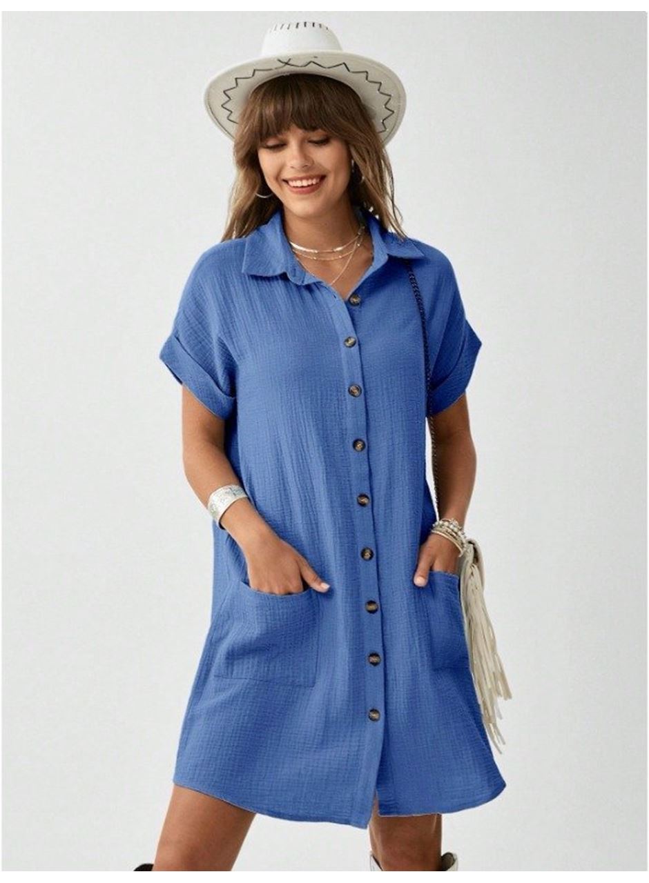 Kadın Cep Detay Müslin Kumaş Mini Gömlek Elbise