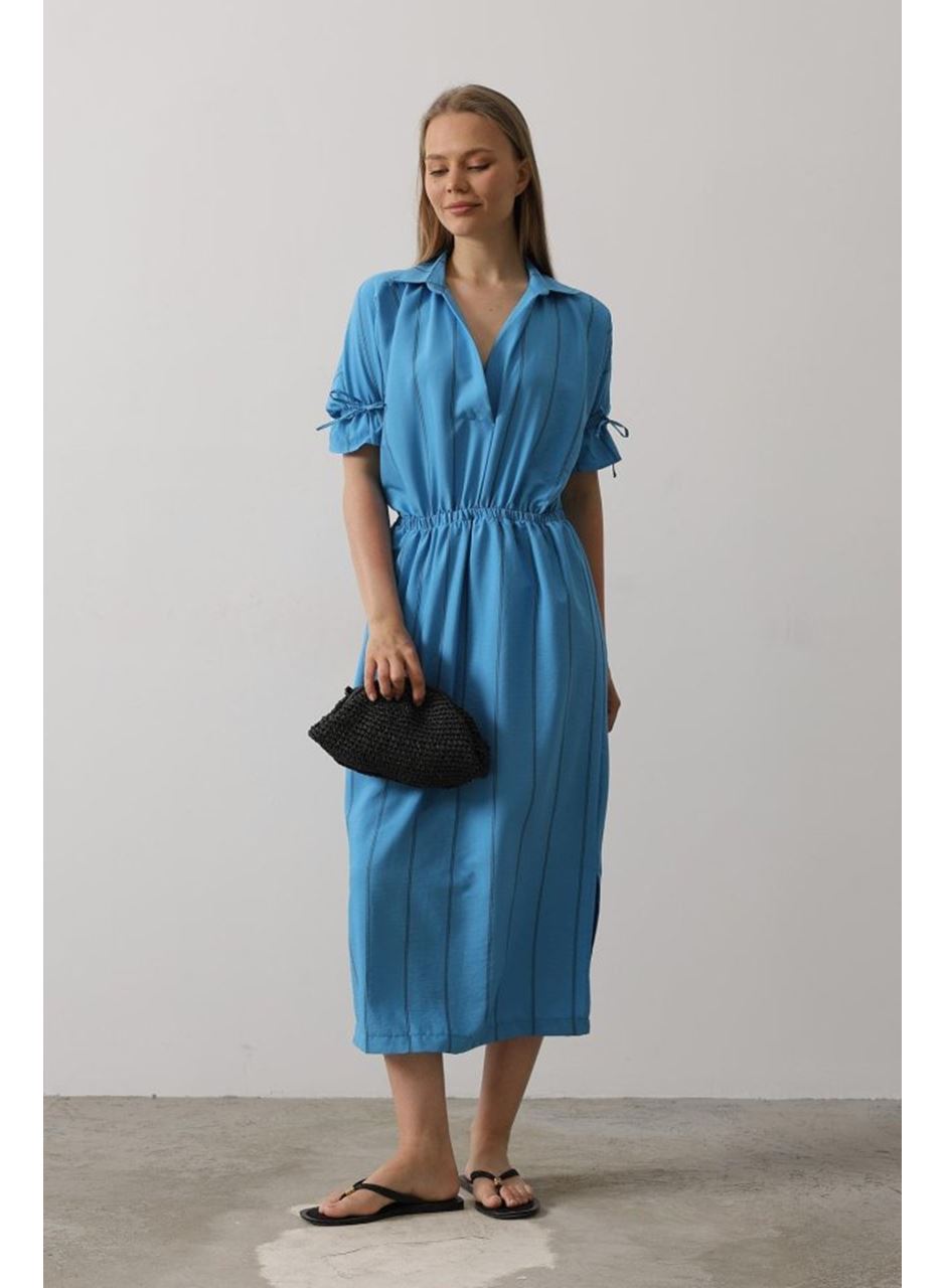 Beli Lastikli Elbise - Mavi
